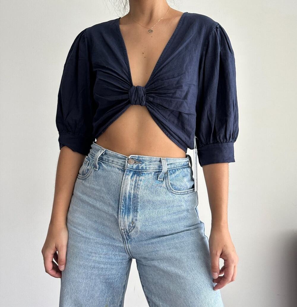 YFB Young Fabulous Broke Linen Cropped Knot Front Miranda Top Navy Blue M
